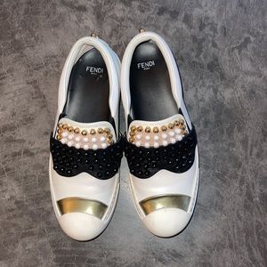 FENDI Karl Loves studded Karlito white leather skate sneakers